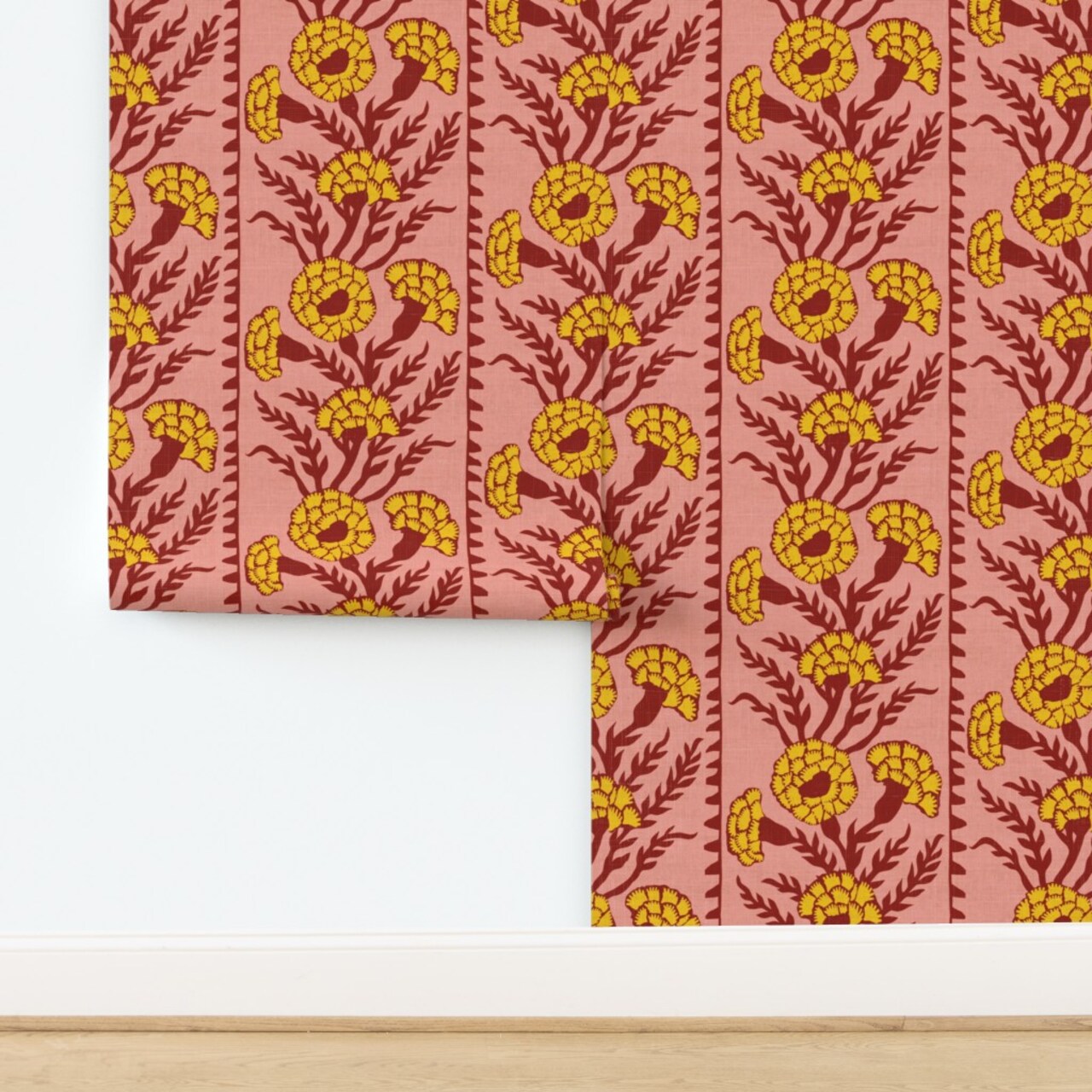Bohemian Botanical Folk Art Carnation Blossom Colorful Modern Farmhouse Boho Rustic Prairie Folk Style Floral Farmhouse Stripe Leaves Blossom Custom Pre-pasted Wallpaper by Spoonflower Pre-Pasted Wallpaper 2FT Wide